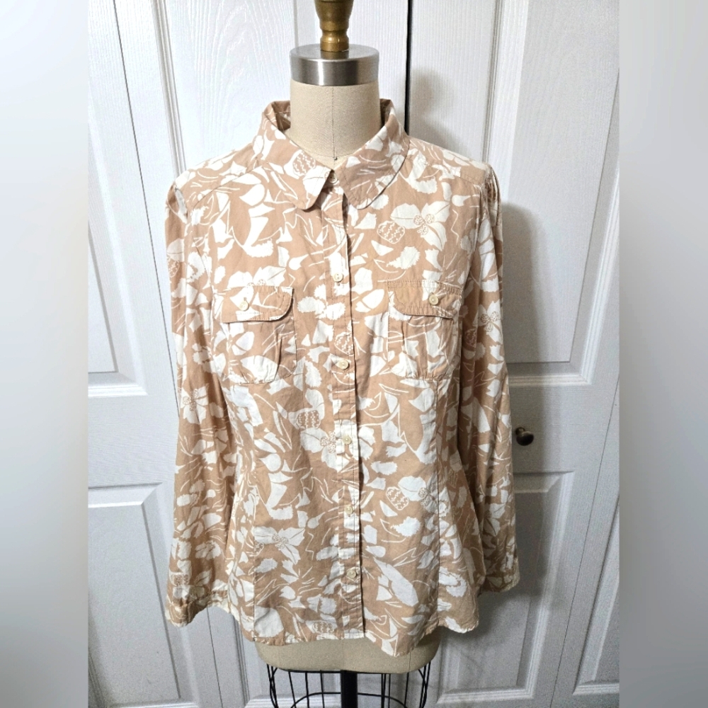 Old Navy Tan & White Floral Button-up Shirt, Large, New With Tags
